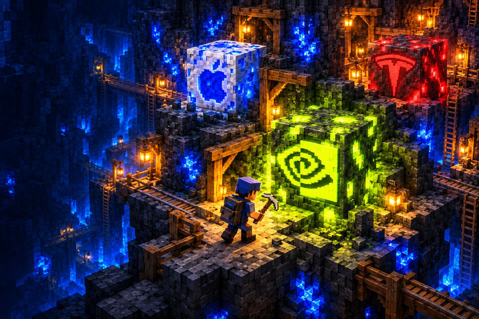 A miner with an iron pickaxe discovers glowing NVIDIA, Apple and Tesla blocks in a stone mine