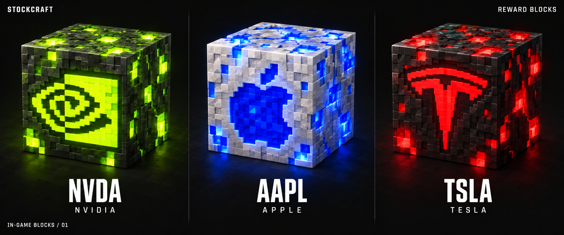 Stockcraft reward blocks: lime NVIDIA, silver Apple with blue edges, graphite Tesla with red edges